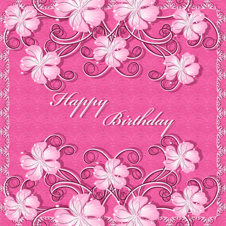 Vector greeting card with decorative flowers. Happy Birthdayのイラスト素材