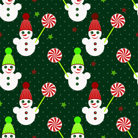 Seamless Christmas vector illustration. Snowmen, Christmas candiesのイラスト素材