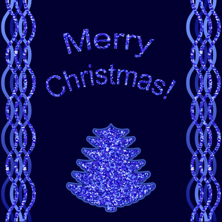 Merry Christmas. Vector greeting cards with blue shiny lettering, decorative Christmas tree, curly stripesのイラスト素材