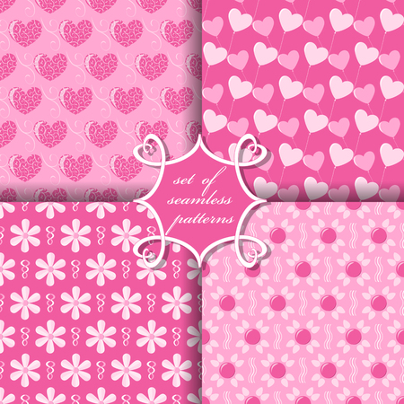 Set of seamless vector illustrations of Valentine's Day. Heart, abstract shapes, decorative flowers, design elements for scrapbookのイラスト素材