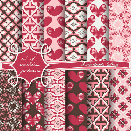 Set of seamless vector illustrations of Valentine's Day. Heart, abstract shapes, decorative flowers, design elements for scrapbookのイラスト素材