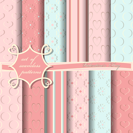 Set of seamless vector illustrations of Valentine's Day. Heart, abstract shapes, decorative flowers, design elements for scrapbookのイラスト素材