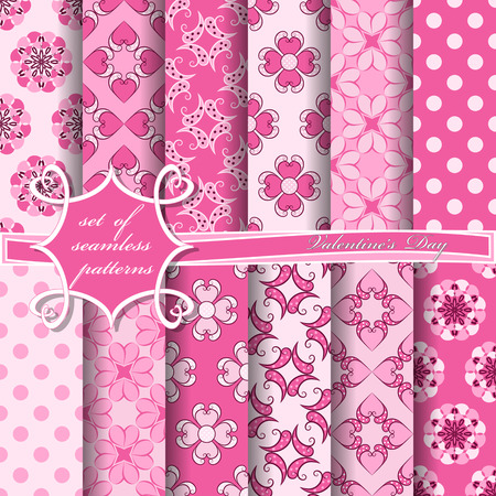 Set of seamless vector illustrations of Valentine's Day. Heart, abstract shapes, decorative flowers, design elements for scrapbookのイラスト素材