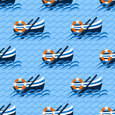 Boats, oars, lifebuoy in the sea. Marine background. Seamless abstract vector illustration.のイラスト素材