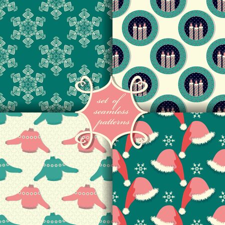  Abstract vector paper with Christmas symbols and elements of Christmas design. Set of seamless Christmas illustrations.のイラスト素材