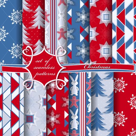 Abstract vector paper with Christmas symbols and elements of Christmas design. Set of seamless Christmas illustrations.のイラスト素材