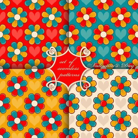 Set of seamless vector illustrations of Valentine's Day. Heart, multicolored decorative flowersのイラスト素材