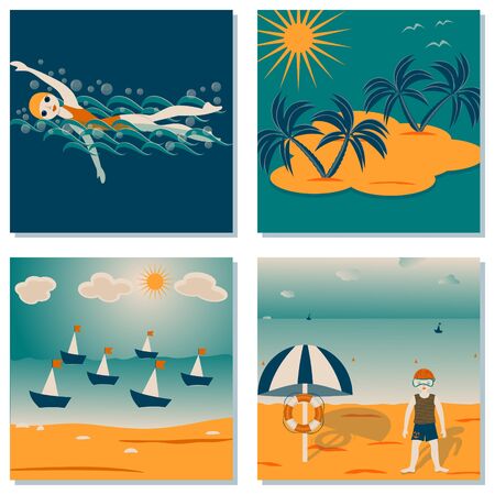 Seascapes, symbols of the sea. Set of vector illustrationsのイラスト素材