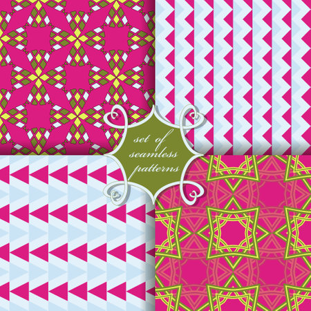 Set of seamless vector illustrations. Patterns of geometric shapes, decorative flowers. Can be used for wallpaper, image fill, web page, background, surface.のイラスト素材