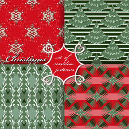 Decorative Christmas trees, abstract patterns, snowflakes, stars. Set of seamless vector Christmas illustrations.のイラスト素材