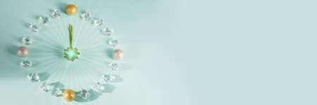 New year holiday clock on blue background, banner, flat lay, copy space, blue backgroundの写真素材