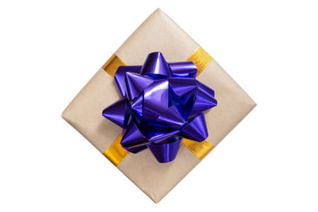 Beautiful gift box with purple bow, isolate, flat lay, copy spaceの写真素材
