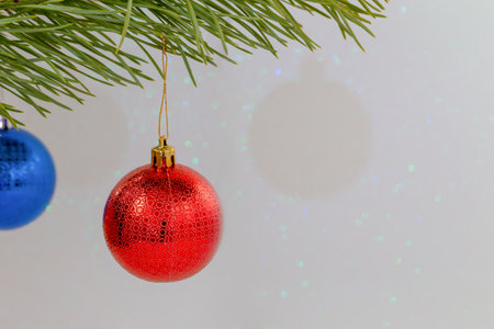 Two christmas balls hang on a pine branch on a light blurred background, front view, copy spaceの写真素材