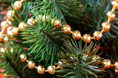 Close-up of artificial green Christmas tree with yellow garlandの写真素材