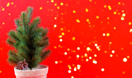 Artificial Christmas tree with cones in a pot on red background with lights. New Year and Christmas background with copy spaceの写真素材