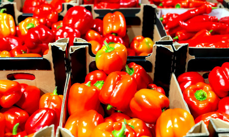 Lots of fresh ripe sweet red peppers in crates. Trade, supermarket, businessの写真素材