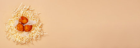Easter. Orange Easter eggs in nest with feathers on beige background in sunlight. Bannerの写真素材