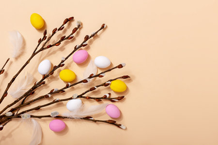 Easter. Willow branches with Easter eggs and feathers lie on beige background. Flat lay, copy spaceの写真素材