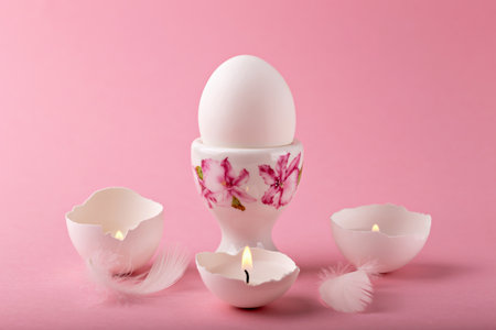 Easter. White chicken egg stands in stand on pink background. Candles in eggshells are burning around and fluffy feathers lying. Festive background with copy spaceの写真素材