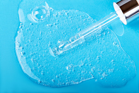 Spilled transparent liquid with bubbles and dropper on blue background. Essence, oil, serum,...
