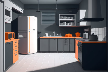 Illustration of modern kitchen in gray and orange colors. Generative AIの素材