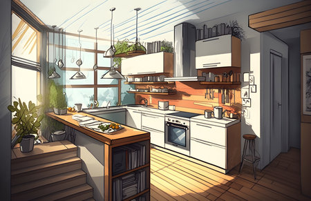 Illustration of modern kitchen in white and orange colors. Generative AIの素材