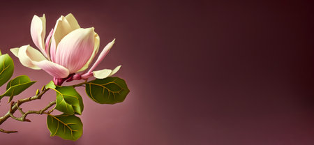 Beautiful delicate light pink magnolia on burgundy background. Spring and summer, love and romance. Banner. Generative AI, illustrationの素材