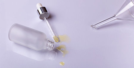 Laboratory studies. Dropper with drops of yellow liquid and glass frosted cosmetic bottle on white background. Laboratory glass funnel. Natural organic cosmetics. Selective focusの写真素材