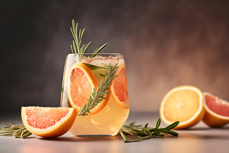 Cool refreshing cocktail or mocktail with grapefruit, rosemary and lemon. Summer coolness. Generative AIの素材