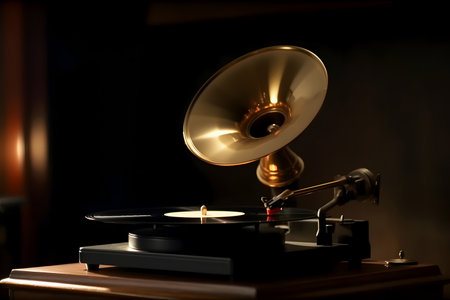 Golden round retro gramophone with vinyl flat record on dark background. Retro music. Generative AIの素材