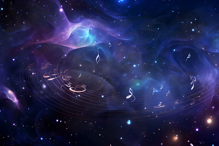 Mysterious cosmic musical neon background with notes. Music for meditations, meditative cosmic music. Generative AIの素材