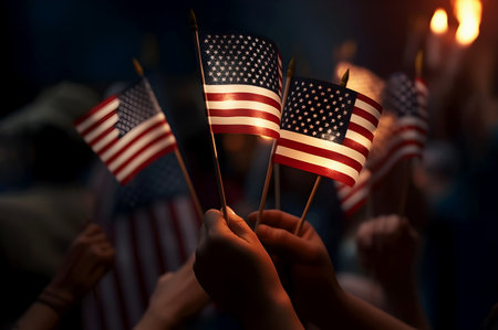 USA Independence Day. Close up of hands holding small American flags on dark background. Generative AIの素材