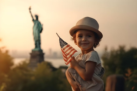 Small boy wearing hat and holding American flag in his hand in front of Statue of Liberty. USA Independence Day, Memorial Day celebration, American national holiday, 4th July. Generative AIの素材