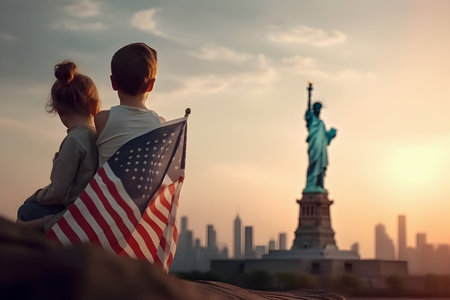 Boy and girl with American flag are looking at Statue of Liberty. USA Independence Day, Memorial Day celebration, American national holiday, 4th July. Generative AIの素材