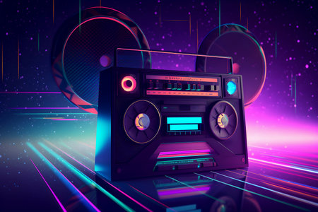 Retro musical ultraviolet background with boombox and round speakers. Music of 80s and 90s. Generative AIの素材