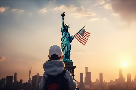 Girl with backpack on her back, looking at tStatue of Liberty with American flag. USA Independence Day, Memorial Day celebration, American national holiday, 4th July. Generative AIの素材