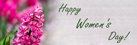 Women's day text postcard banner with pink hyacinths. Very beautiful card