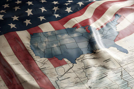 American flag with map of America and states. USA Independence Day, Memorial Day celebration, American national holiday, 4th July. Generative AIの素材