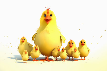 Cartoon yellow mother hen with surprised little fluffy chicks. Funny family. Generative AI, illustrationの素材
