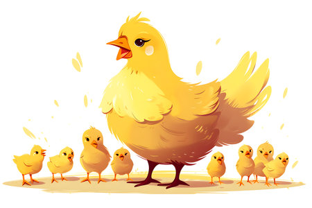 Cartoon beautiful mother hen teaching little yellow fluffy chicks. Generative AI, illustrationの素材