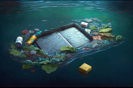 Environmental disaster. Garbage thrown by humans floats in water. Threat to environment. Pollution rivers, lakes, seas and oceans. Generative AI, illustrationの素材