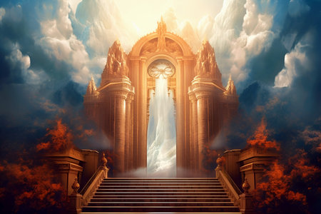 Majestic gates of paradise. Boundless cloudy shining sky. Door to bright future. Generative AIの素材