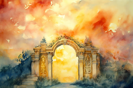 Beautiful gates of paradise. Boundless cloudy shining sky. Door to bright future. Watercolor. Generative AIの素材