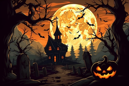 Dark Halloween night. Church in cemetery against background of full moon, monster pumpkin is smiling evilly. Horror and darkness. Generative AI, illustrationの素材