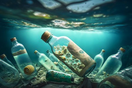 Environmental disaster. Dirty glass bottles at bottom of reservoir. Threat to environment. Pollution rivers, lakes, seas and oceans. Generative AI, illustrationの素材