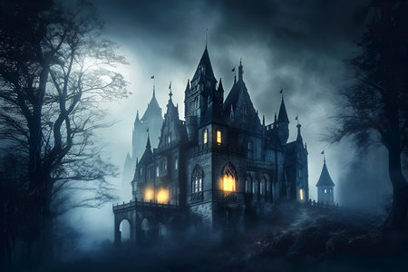 Halloween. Old gothic castle in moonlight, foggy night, haunted mansion. Horror and darkness. Generative AIの素材