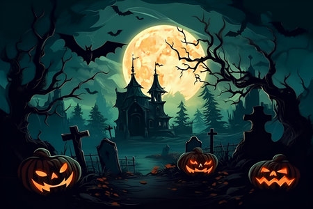 Dark Halloween night. Monster pumpkins in cemetery among graves. Old church against background of big full moon.. Horror and darkness. Generative AI, illustrationの素材