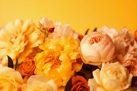 Many beautiful peonies on yellow background. Holiday card with copy space. Generative AI, illustrationの素材