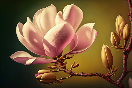 Beautiful delicate pink magnolia on golden background. Spring and summer, love and romance. Generative AI, illustrationの素材