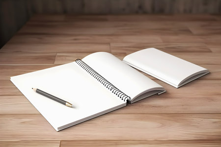 Mockup of white clean notebook with pen on wooden background. Ideas for your designの写真素材